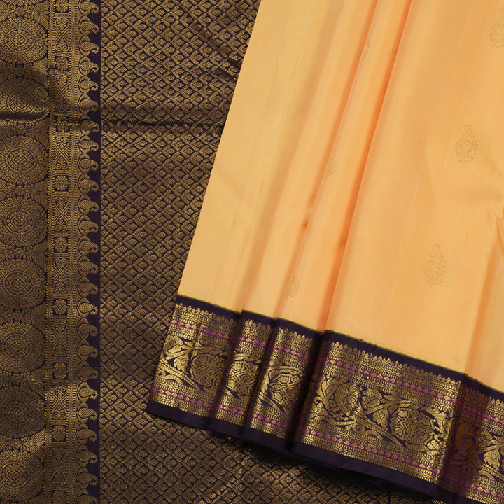 Hayagrivas Sandal Yellow Handloom Kanjivaram Silk Saree with Dark Purple Border KBD1518A6-1