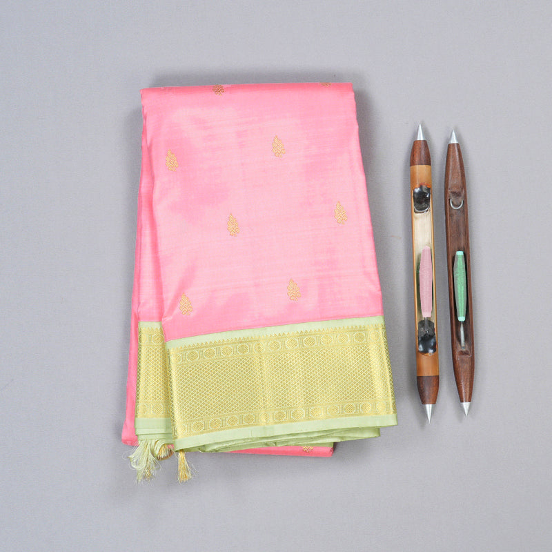 Hayagrivas Baby Pink Handloom Kanjivaram Silk Saree with Elachi green Border KBD1519A1-1