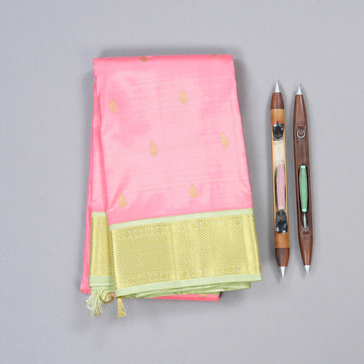 Hayagrivas Baby Pink Handloom Kanjivaram Silk Saree with Elachi green Border KBD1519A1-1