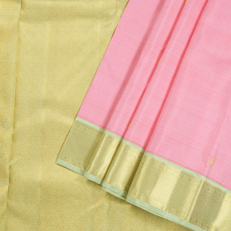 Hayagrivas Baby Pink Handloom Kanjivaram Silk Saree with Elachi green Border KBD1519A1-1