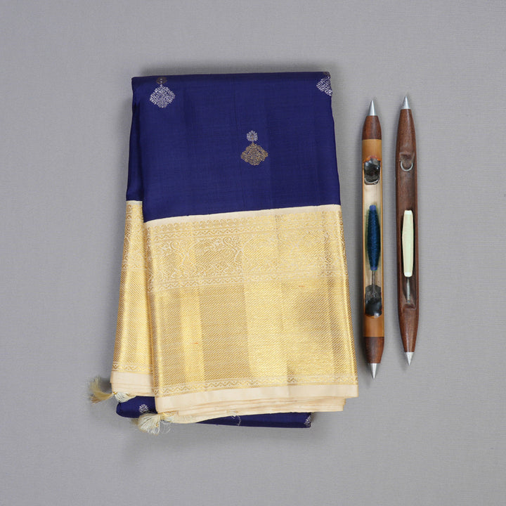 Hayagrivas Blue Handloom Kanjivaram Silk Saree with Sandal Beige Border KBD1519A2-1