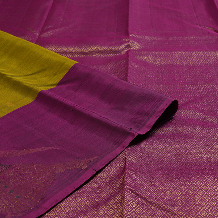 Hayagrivas Dark Fenugreek  Handloom Kanjivaram Silk Saree with Purple Border KBD1523A1-1