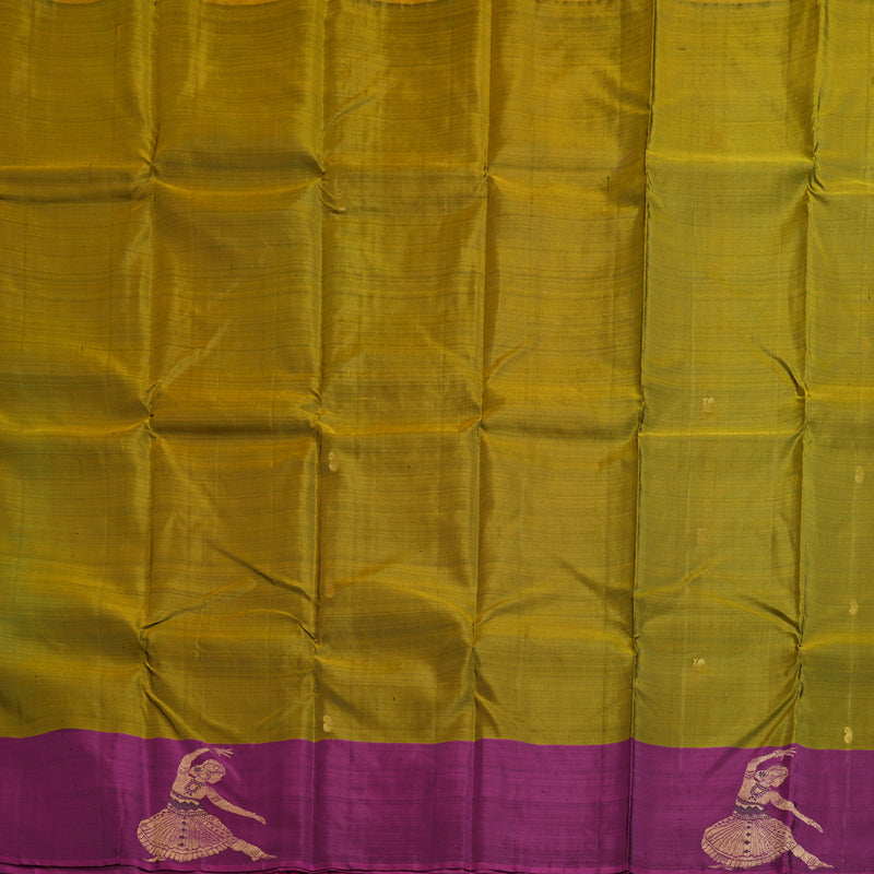 Hayagrivas Dark Fenugreek  Handloom Kanjivaram Silk Saree with Purple Border KBD1523A1-1