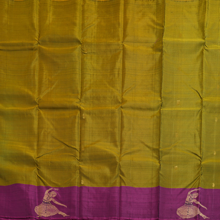 Hayagrivas Dark Fenugreek  Handloom Kanjivaram Silk Saree with Purple Border KBD1523A1-1