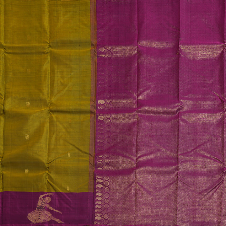 Hayagrivas Dark Fenugreek  Handloom Kanjivaram Silk Saree with Purple Border KBD1523A1-1