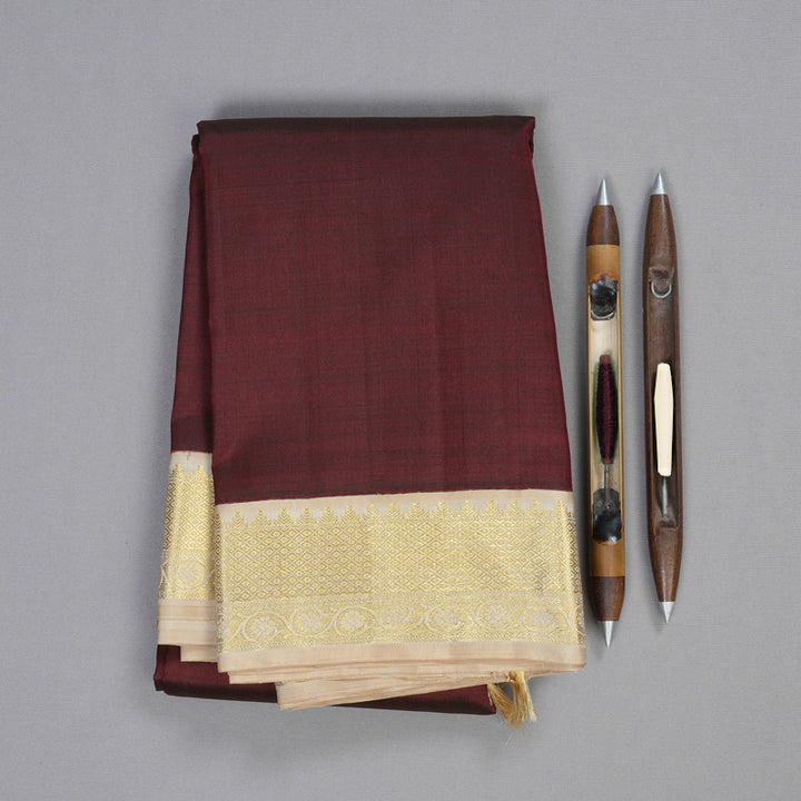 Hayagrivas Wine Maroon Handloom Kanjivaram Silk Saree with Sandal Beige Border KBD1526A2-1