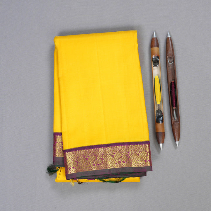 Hayagrivas Vibrant Yellow Handloom Kanjivaram Silk Saree with Dark Purple Border KBD1528A2-1