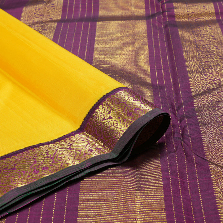 Hayagrivas Vibrant Yellow Handloom Kanjivaram Silk Saree with Dark Purple Border KBD1528A2-1