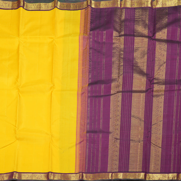 Hayagrivas Vibrant Yellow Handloom Kanjivaram Silk Saree with Dark Purple Border KBD1528A2-1