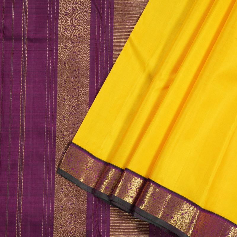 Hayagrivas Vibrant Yellow Handloom Kanjivaram Silk Saree with Dark Purple Border KBD1528A2-1
