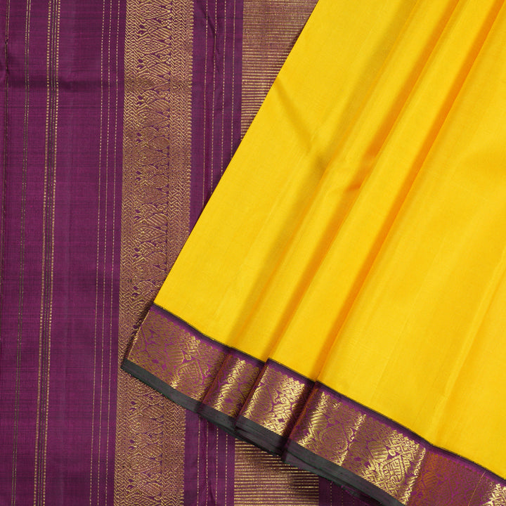 Hayagrivas Vibrant Yellow Handloom Kanjivaram Silk Saree with Dark Purple Border KBD1528A2-1