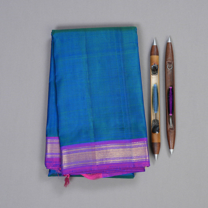 Hayagrivas Peacock Blue Handloom Kanjivaram Silk Saree with Purple Border KBD1530A2-1