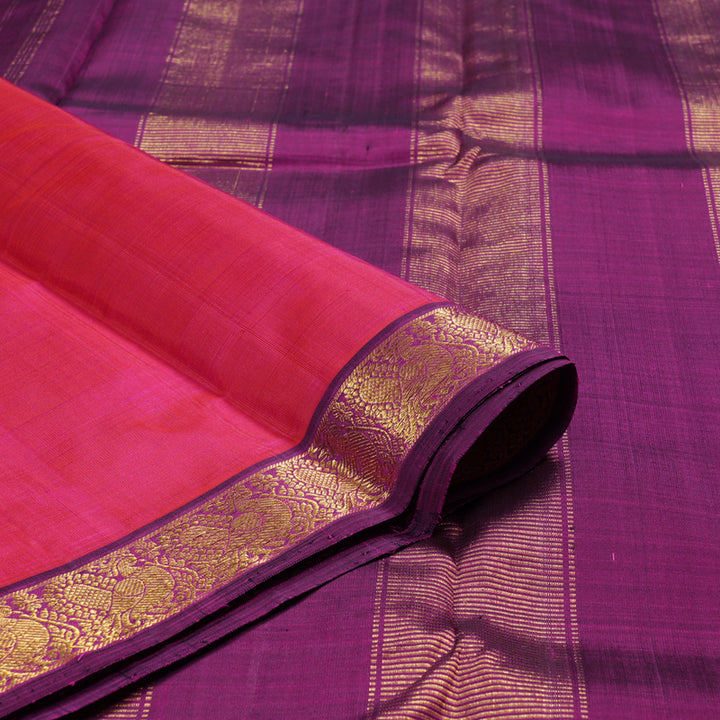 Hayagrivas Orangish Pink Handloom Kanjivaram Silk Saree with Dark Purple Border KBD1530A4-1