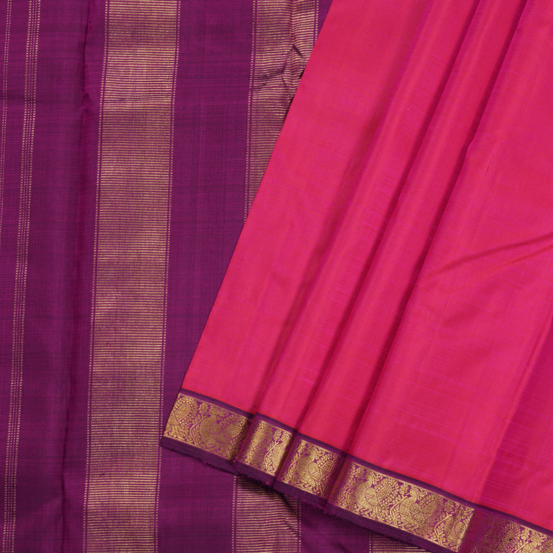 Hayagrivas Orangish Pink Handloom Kanjivaram Silk Saree with Dark Purple Border KBD1530A4-1