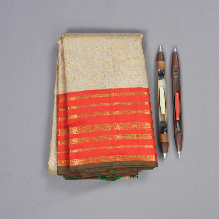 Hayagrivas Sandal Beige Handloom Kanjivaram Silk Saree with Red Border KBD1531A5-1