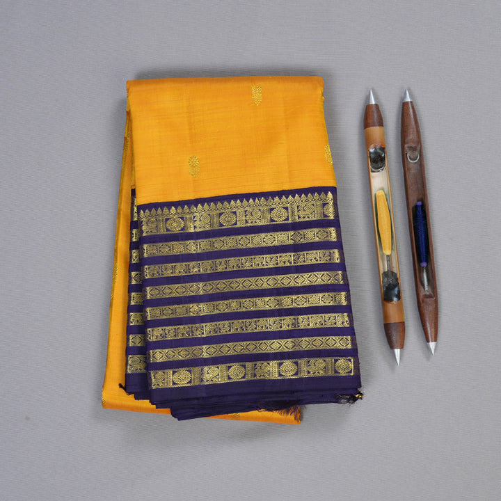 Hayagrivas Mustard Yellow Handloom Kanjivaram Silk Saree with Blue Border KBD1535A6-1