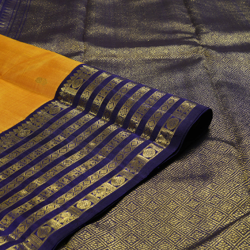 Hayagrivas Mustard Yellow Handloom Kanjivaram Silk Saree with Blue Border KBD1535A6-1