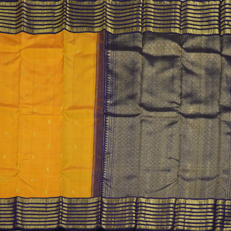 Hayagrivas Mustard Yellow Handloom Kanjivaram Silk Saree with Blue Border KBD1535A6-1
