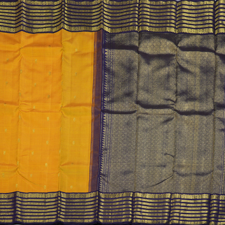 Hayagrivas Mustard Yellow Handloom Kanjivaram Silk Saree with Blue Border KBD1535A6-1