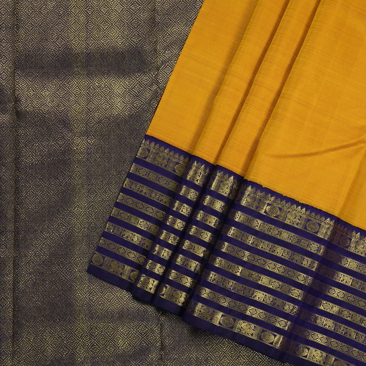 Hayagrivas Mustard Yellow Handloom Kanjivaram Silk Saree with Blue Border KBD1535A6-1
