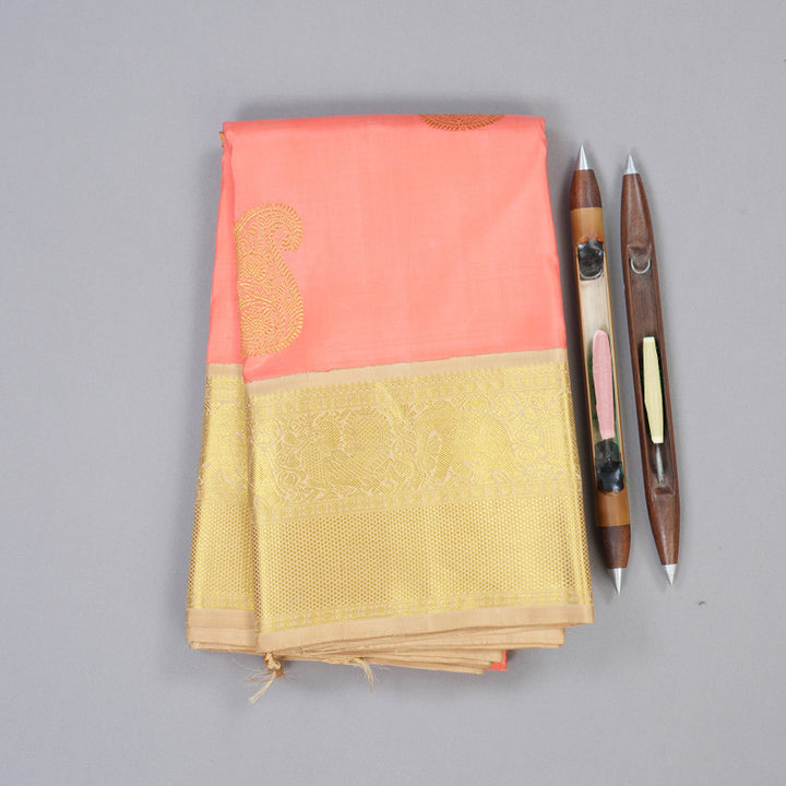 Hayagrivas Peach Pink Handloom Kanjivaram Silk Saree with Sandal Beige Border KBD1535A8-1