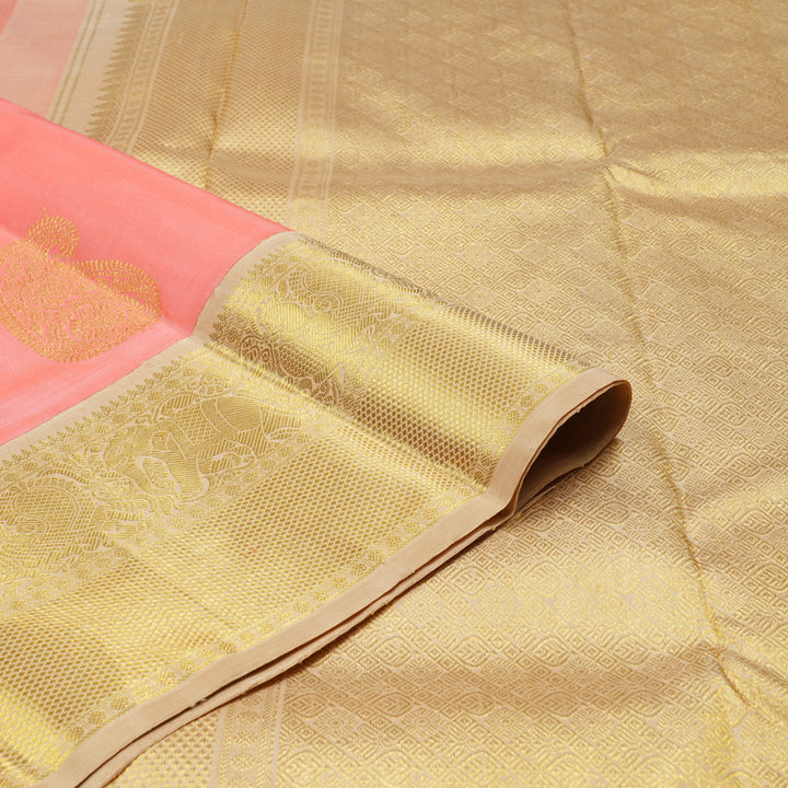 Hayagrivas Peach Pink Handloom Kanjivaram Silk Saree with Sandal Beige Border KBD1535A8-1