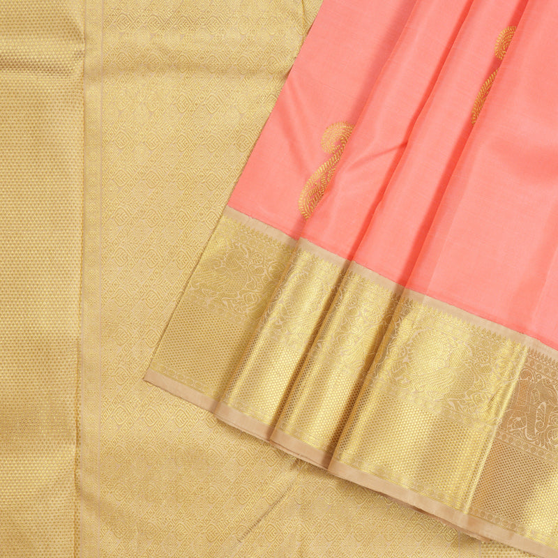 Hayagrivas Peach Pink Handloom Kanjivaram Silk Saree with Sandal Beige Border KBD1535A8-1