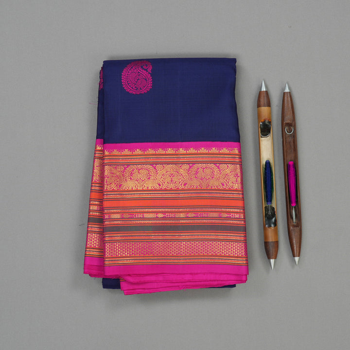 Hayagrivas Handloom Navy Blue Kanjivaram Silk Saree with Magenta border KBD1536A1-2