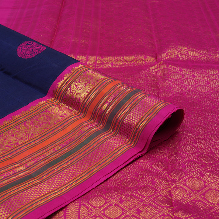 Hayagrivas Handloom Navy Blue Kanjivaram Silk Saree with Magenta border KBD1536A1-2