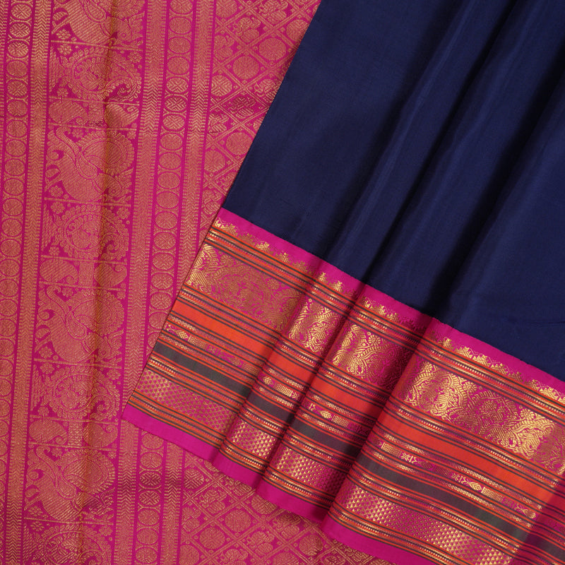 Hayagrivas Handloom Navy Blue Kanjivaram Silk Saree with Magenta border KBD1536A1-2