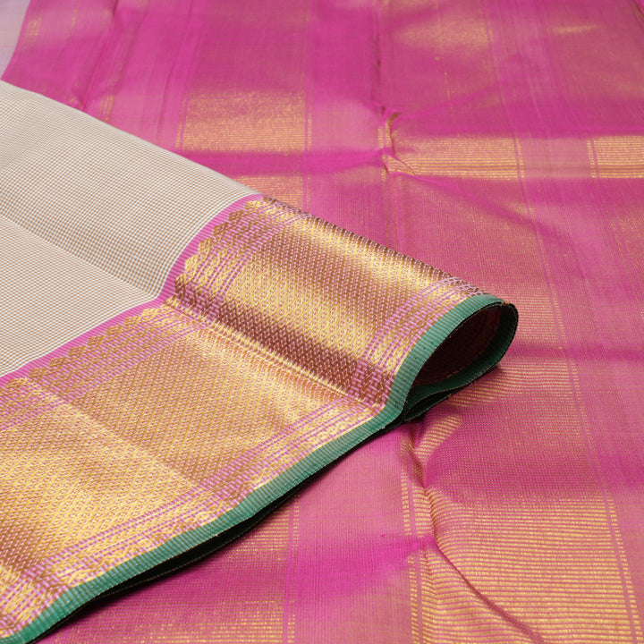Hayagrivas Sandal With White Muted Checks Handloom Kanjivaram Silk Saree with Baby Pink Border KBD1536A7-6