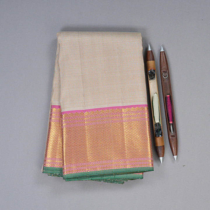 Hayagrivas Sandal With White Muted Checks Handloom Kanjivaram Silk Saree with Baby Pink Border KBD1536A7-6