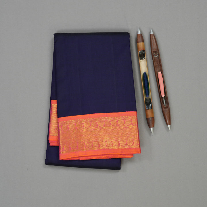 Hayagrivas Handloom Navy Blue Kanjivaram Silk Saree with Orangish Pink Border KBD1538A2-15