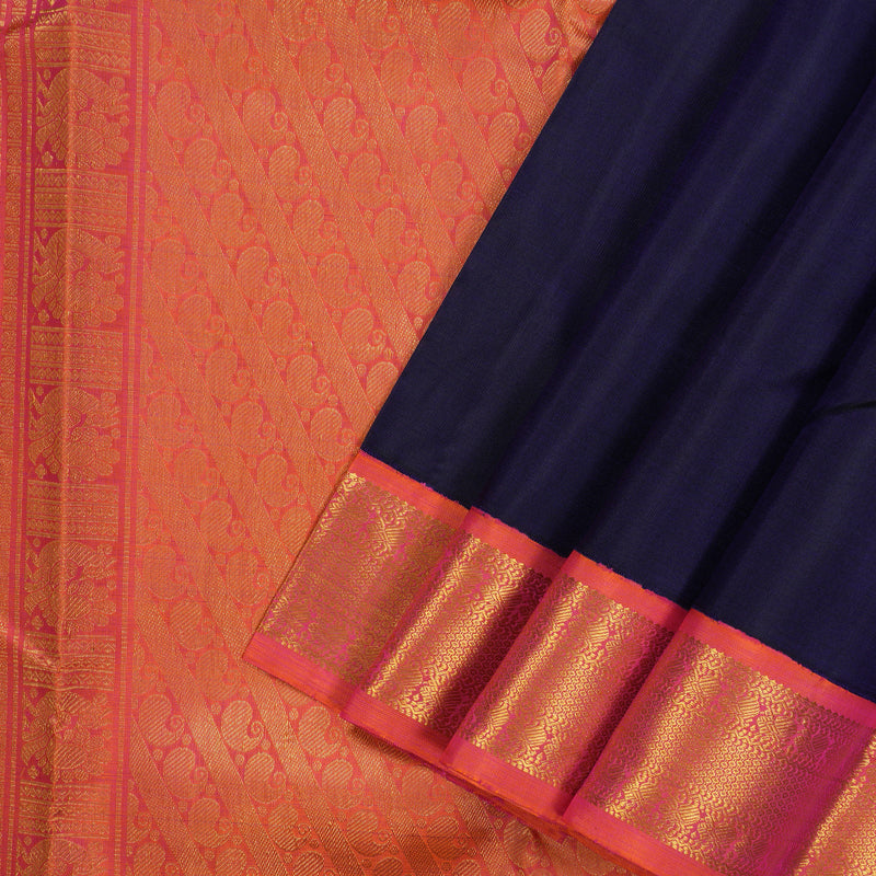 Hayagrivas Handloom Navy Blue Kanjivaram Silk Saree with Orangish Pink Border KBD1538A2-15