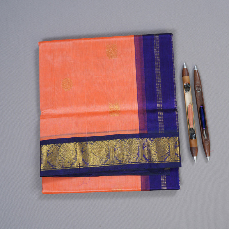 Hayagrivas Handloom Peach With Blue Border Silk Cotton Saree KBD1544A6-7