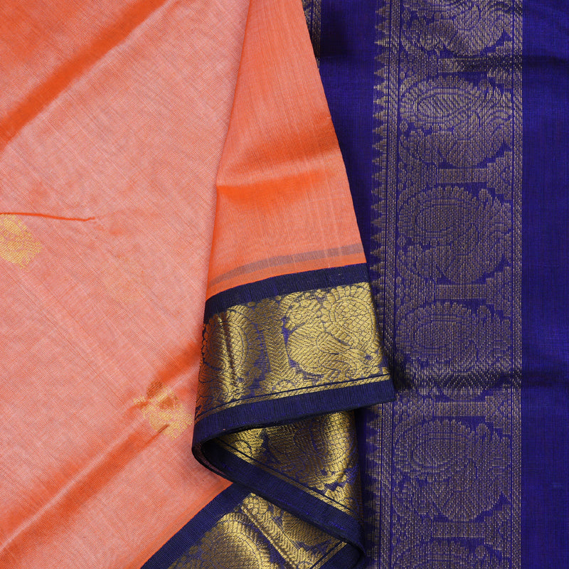 Hayagrivas Handloom Peach With Blue Border Silk Cotton Saree KBD1544A6-7