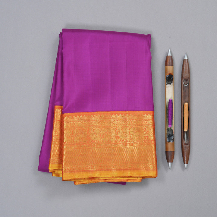 Hayagrivas Regal Purple Handloom Kanjivaram Silk Saree with Honey Mustard Border KBD1546A3-1