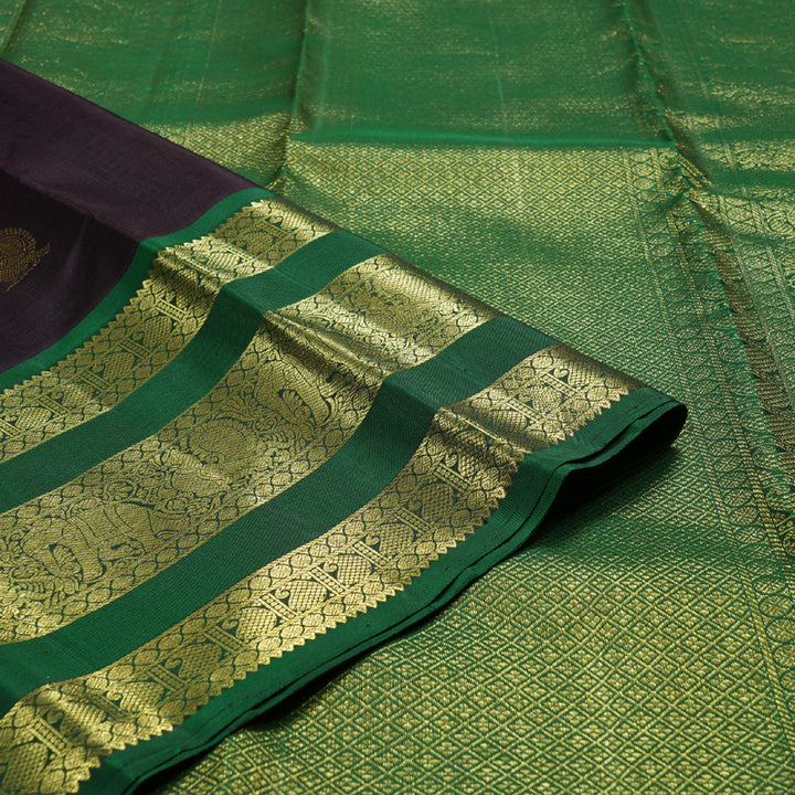 Hayagrivas Plum Purple Handloom Kanjivaram Silk Saree with Dark Green Border KBD1548A12-1