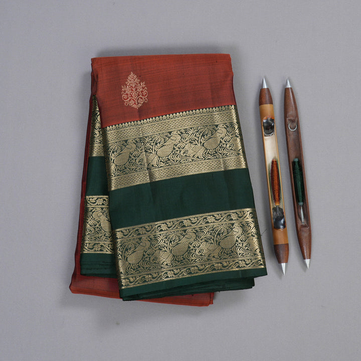 Hayagrivas Burnt Orange Handloom Kanjivaram Silk Saree with Bottle Green Border KBD1548A12-2