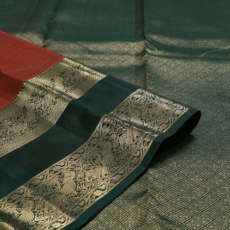 Hayagrivas Burnt Orange Handloom Kanjivaram Silk Saree with Bottle Green Border KBD1548A12-2