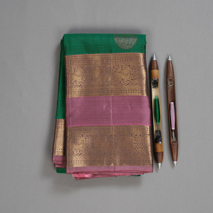 Hayagrivas Gorgeous Bottle Green Handloom Kanjivaram Silk Saree with Rosewood Pink Border KBD1548A8-1