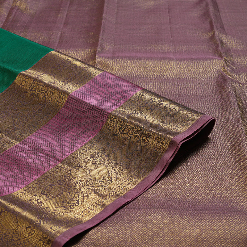 Hayagrivas Gorgeous Bottle Green Handloom Kanjivaram Silk Saree with Rosewood Pink Border KBD1548A8-1