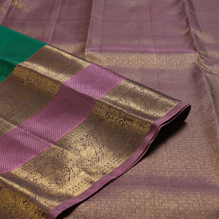 Hayagrivas Gorgeous Bottle Green Handloom Kanjivaram Silk Saree with Rosewood Pink Border KBD1548A8-1