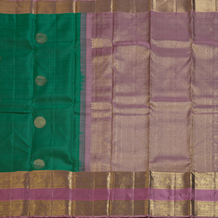 Hayagrivas Gorgeous Bottle Green Handloom Kanjivaram Silk Saree with Rosewood Pink Border KBD1548A8-1