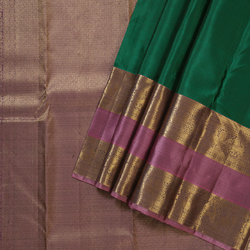 Hayagrivas Gorgeous Bottle Green Handloom Kanjivaram Silk Saree with Rosewood Pink Border KBD1548A8-1