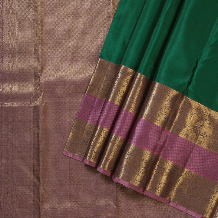 Hayagrivas Gorgeous Bottle Green Handloom Kanjivaram Silk Saree with Rosewood Pink Border KBD1548A8-1