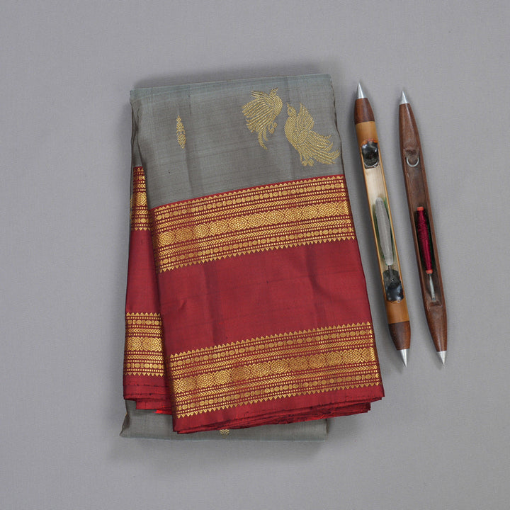 Hayagrivas Grey Handloom Kanjivaram Silk Saree with Wine Red Border KBD1548A9-1
