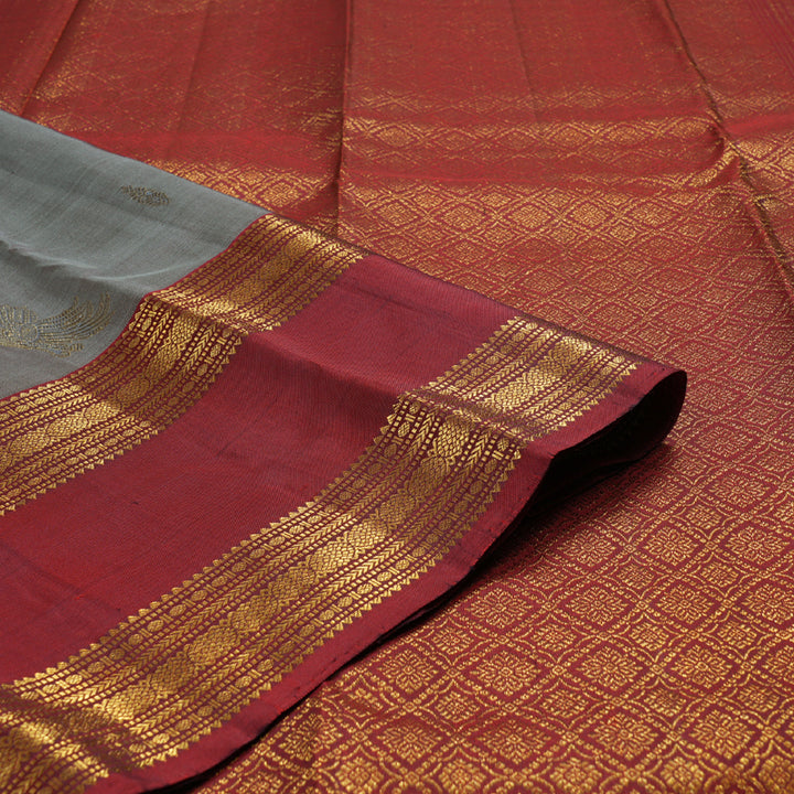 Hayagrivas Grey Handloom Kanjivaram Silk Saree with Wine Red Border KBD1548A9-1