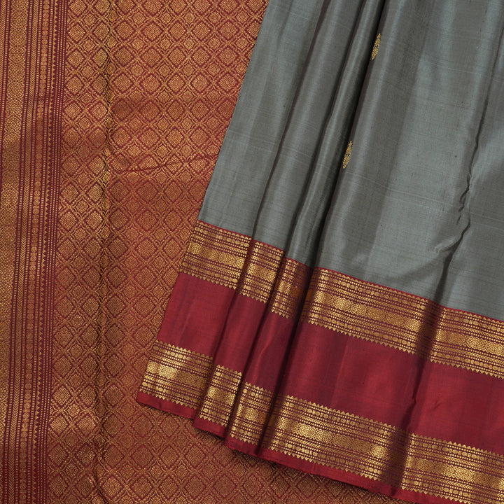 Hayagrivas Grey Handloom Kanjivaram Silk Saree with Wine Red Border KBD1548A9-1