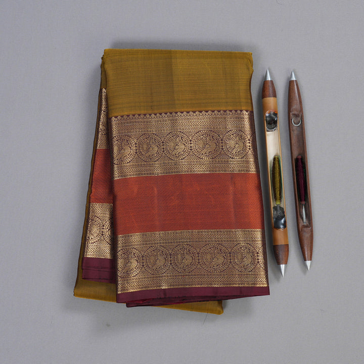 Hayagrivas Honey Mustard Handloom Kanjivaram Silk Saree with Wine Maroon Border KBD1549A10-1